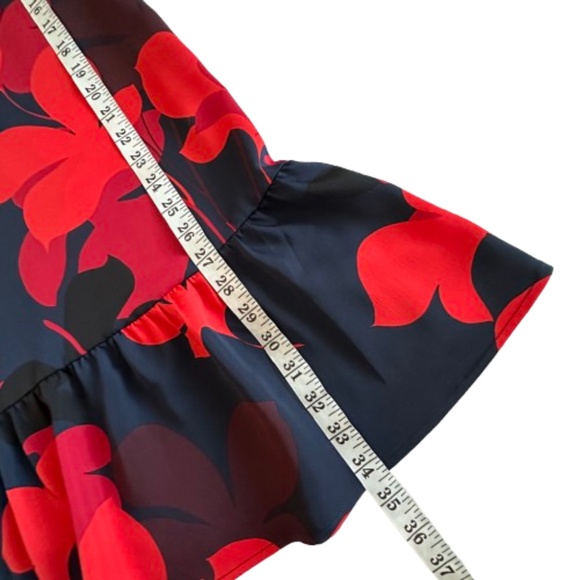 Halogen Women's L Petite Navy Red Floral Print Sleeved Round Neck Midi Dress - Picture 12 of 15